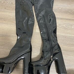 Patent Platform Knee-High Boots in Black